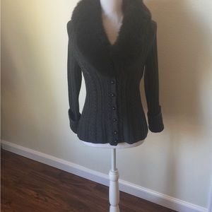 Magaschoni gray button down sweater. Merino wool - detachable fox fur collar.